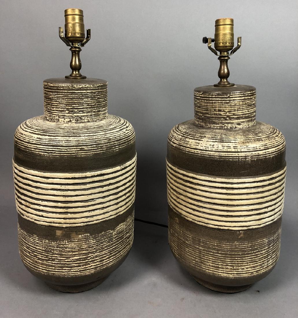 Pr Brown Pottery Modern Table Lamps. Brown ground: Pr Brown Pottery Modern Table Lamps. Brown ground with raised striped bands. Design Technics Style.-- Dimensions: H: 19 inches: W: 8 inches: D: 8 inches ---