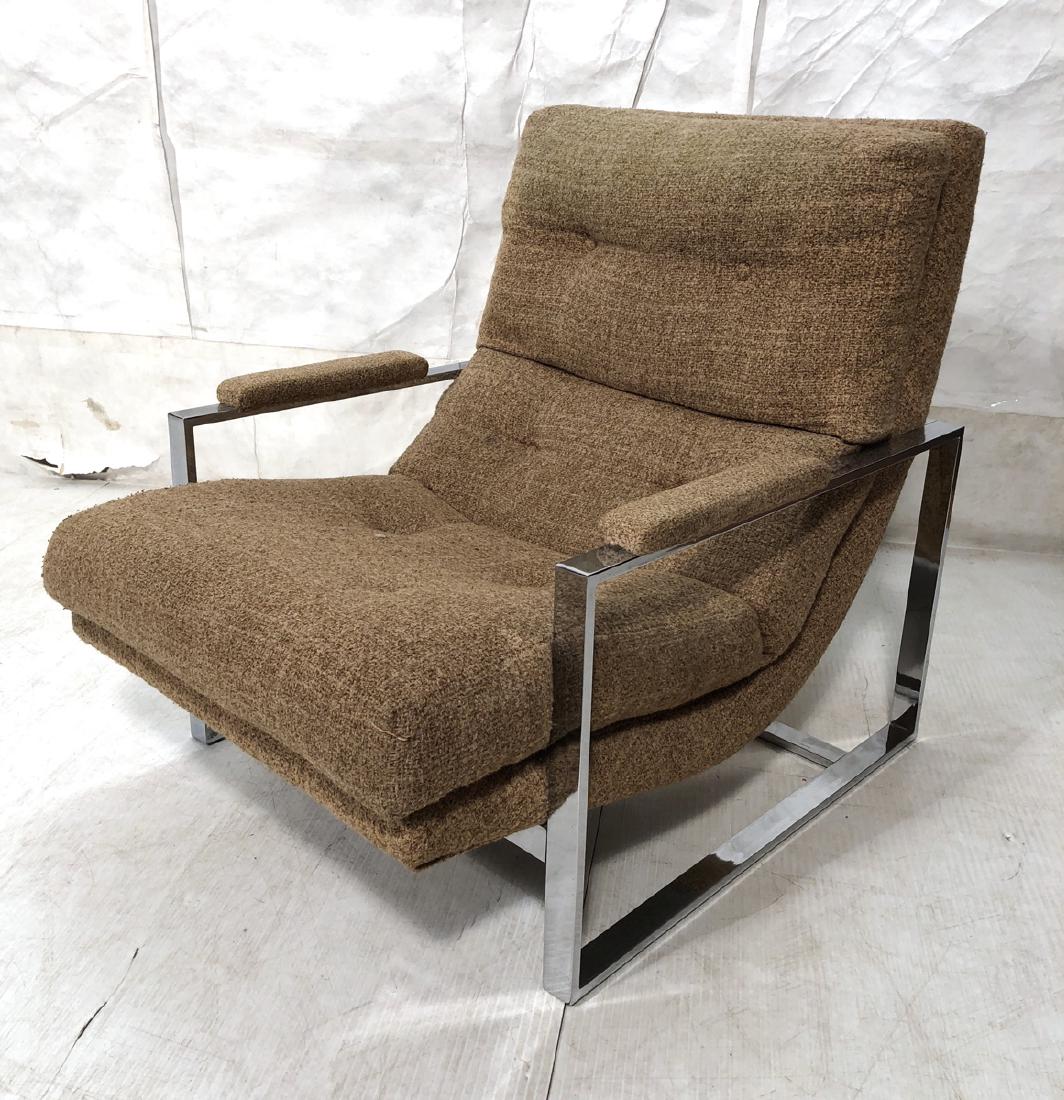 Milo Baughman style Chrome Frame Lounge Chair. Op: Milo Baughman style Chrome Frame Lounge Chair. Open frame Rectangular arms. Tweedy Brown fabric. Heavier construction-- Dimensions: H: 33 inches: W: 28.5 inches: D: 36 inches ---