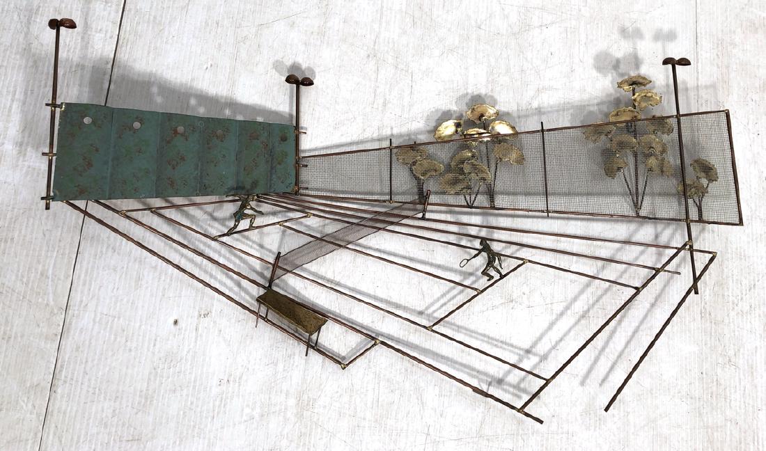 C JERE Mixed Metal Tennis Court Wall Sculpture. 3: C JERE Mixed Metal Tennis Court Wall Sculpture. 3D Tennis theme. Signed. -- Dimensions: H: 57 inches: W: 29 inches: D: 4.5 inches ---