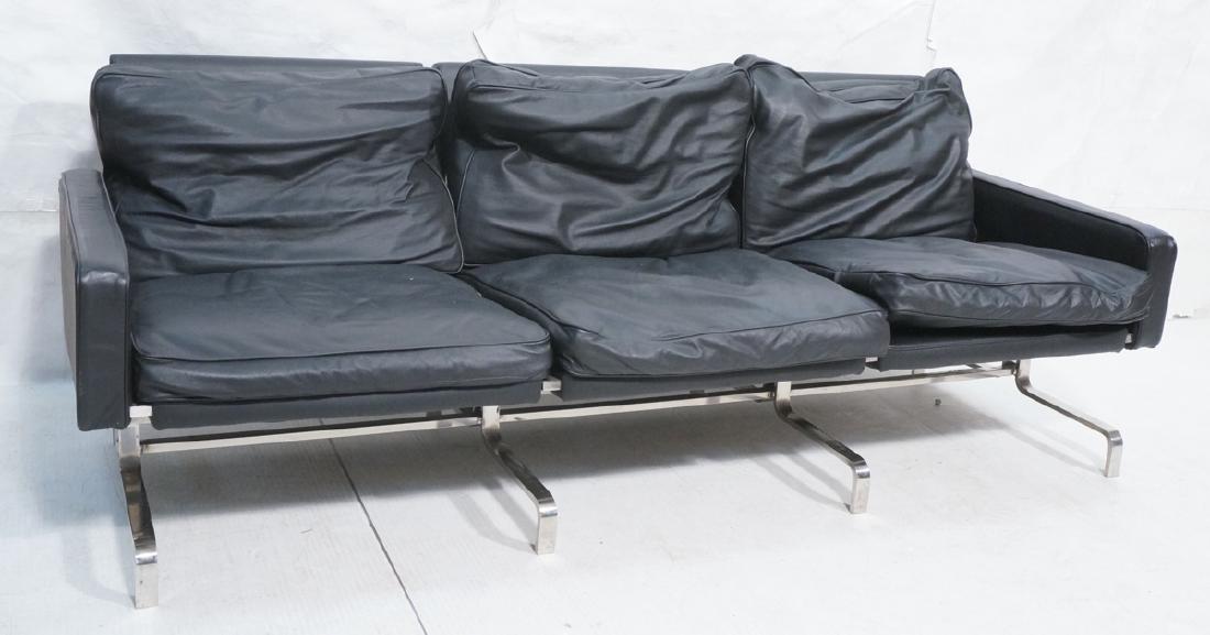 POUL KJAERHOLM Style Black Leather Sofa. Down cus: POUL KJAERHOLM Style Black Leather Sofa. Down cushions. Chromed steel frame-- Dimensions: H: 27 inches: W: 76.5 inches: D: 31 inches ---
