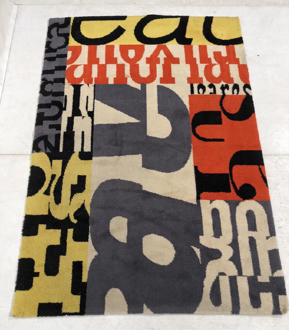 Gunnar Aagaard Andersen Rug Carpet. 4'7" x 6'6" E: Gunnar Aagaard Andersen Rug Carpet. 4'7" x 6'6" EGE AXMANSTER AS Danish Modern Pile Rug. Art Line. Graphic images of letters and typeset. 100% wool register no 45916. Could be used as wall hanging.--