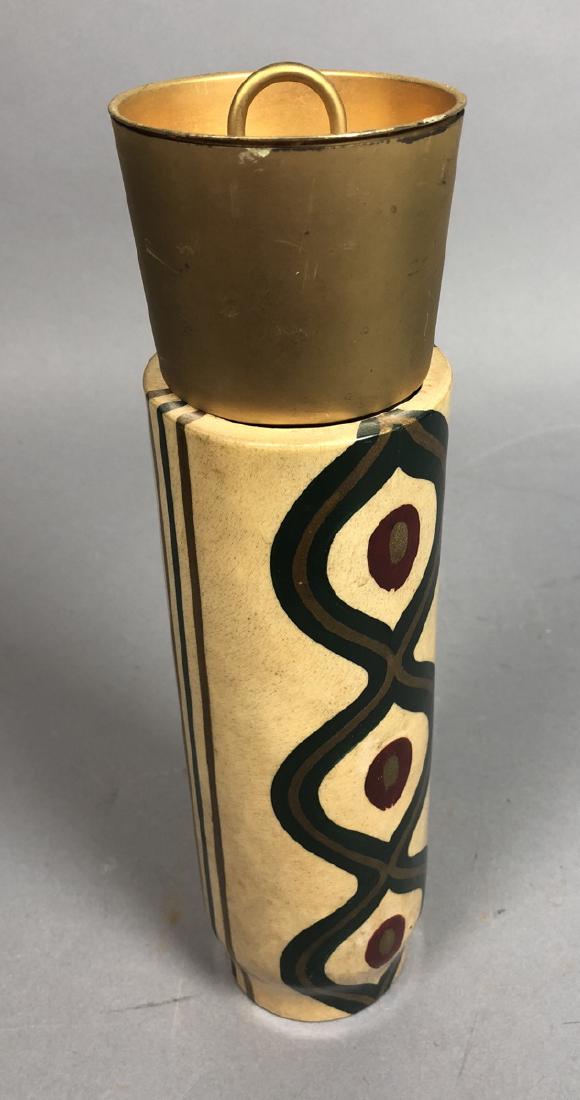 ALDO TURA Attributed Lacquered Goatskin Cocktail: ALDO TURA Attributed Lacquered Goatskin Cocktail Shaker with Hand Painted Design. -- Dimensions: H: 11.5 inches: W: 3.5 inches --- US Shipping charge: $35