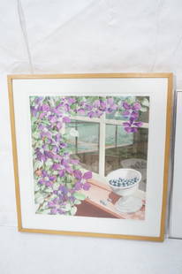 Sondra Freckelton Watercolor Painting of Blueberr: Sondra Freckelton Watercolor Painting of Blueberries and Clematis. Framed under Glass.-- Dimensions: H: 31 inches: W: 29 inches ---