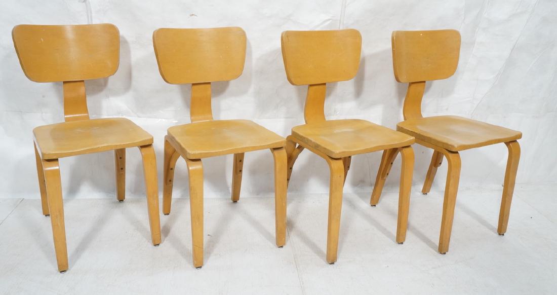 4 THONET Laminated Blond Wood Modern Side Chairs.: 4 THONET Laminated Blond Wood Modern Side Chairs. Bowed legs with arched stretcher support. Thonet label, Park Ave. NY-- Dimensions: H: 32.5 inches: W: 15 inches: D: 20 inches ---