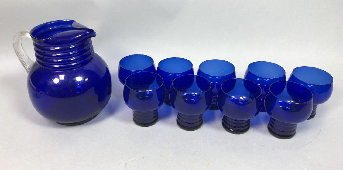 10pc Cobalt Blue Glass Drinking Set. Pitcher and (1 of 9)