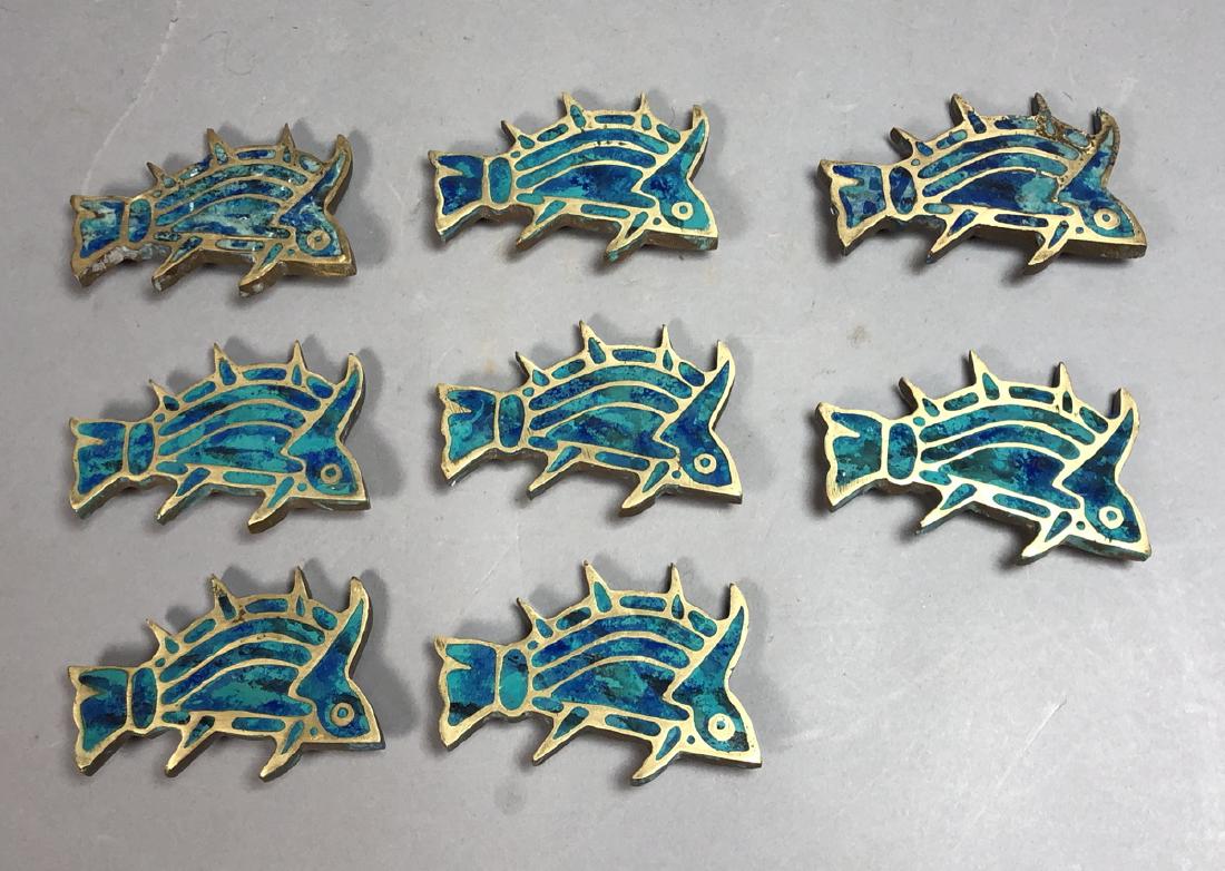 Set 8 PEPE MENDOZA Brass & Inlay Fish Pulls. Figu (1 of 6)