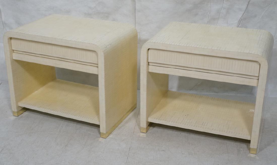 Pr ENRIQUE GARCEL Lacquered Tessellated Bone Nigh: Pr ENRIQUE GARCEL Lacquered Tessellated Bone Night Stands. Side Tables. One drawer above slide out shelf. Brass band trim. Lower shelf. Not marked-- Dimensions: H: 25.5 inches: W: 30.25 inches: D: 20.