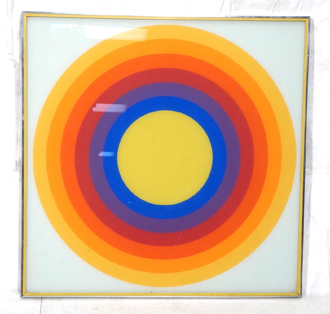 70s Modern Rainbow Silkscreen Wall Art Printed on: 70s Modern Rainbow Silkscreen Wall Art Printed on Glass. Yellow wood & chrome frame.-- Dimensions: H: 37 inches: W: 37 inches ---