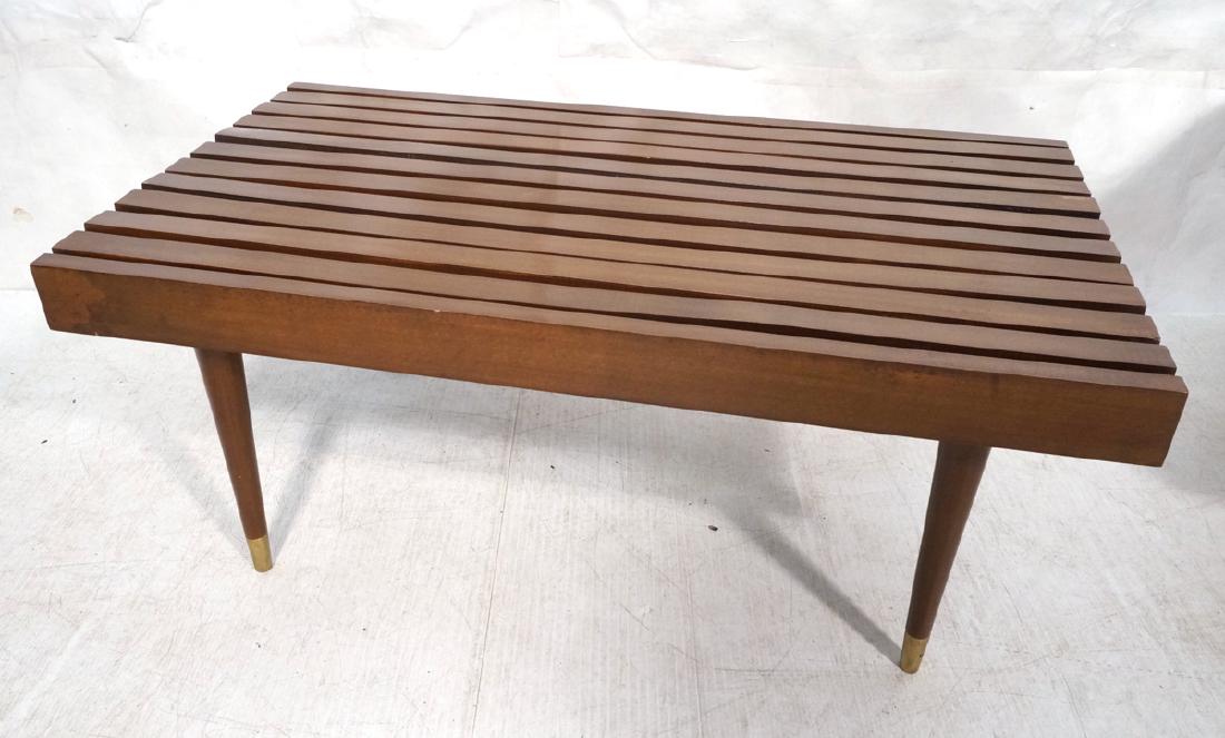 Short Wide Modern Wood Slat Bench. Tapered peg le: Short Wide Modern Wood Slat Bench. Tapered peg legs with brass caps.-- Dimensions: H: 16 inches: W: 39.25 inches: D: 22.5 inches ---