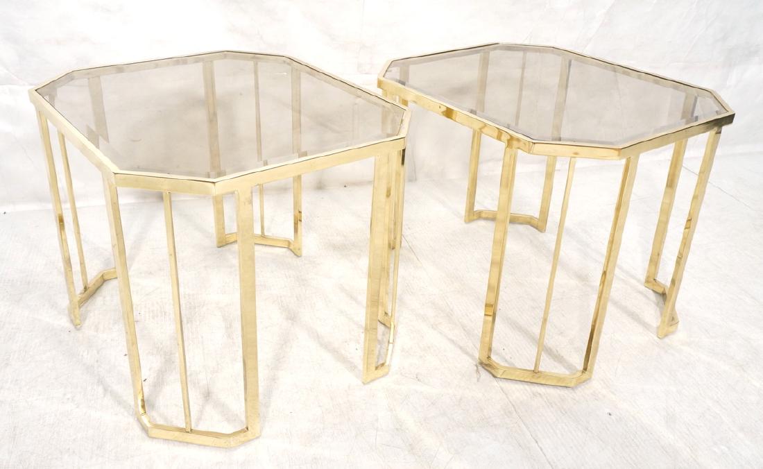 Pr Octagonal Beveled Glass & Brass End Side Table (1 of 8)