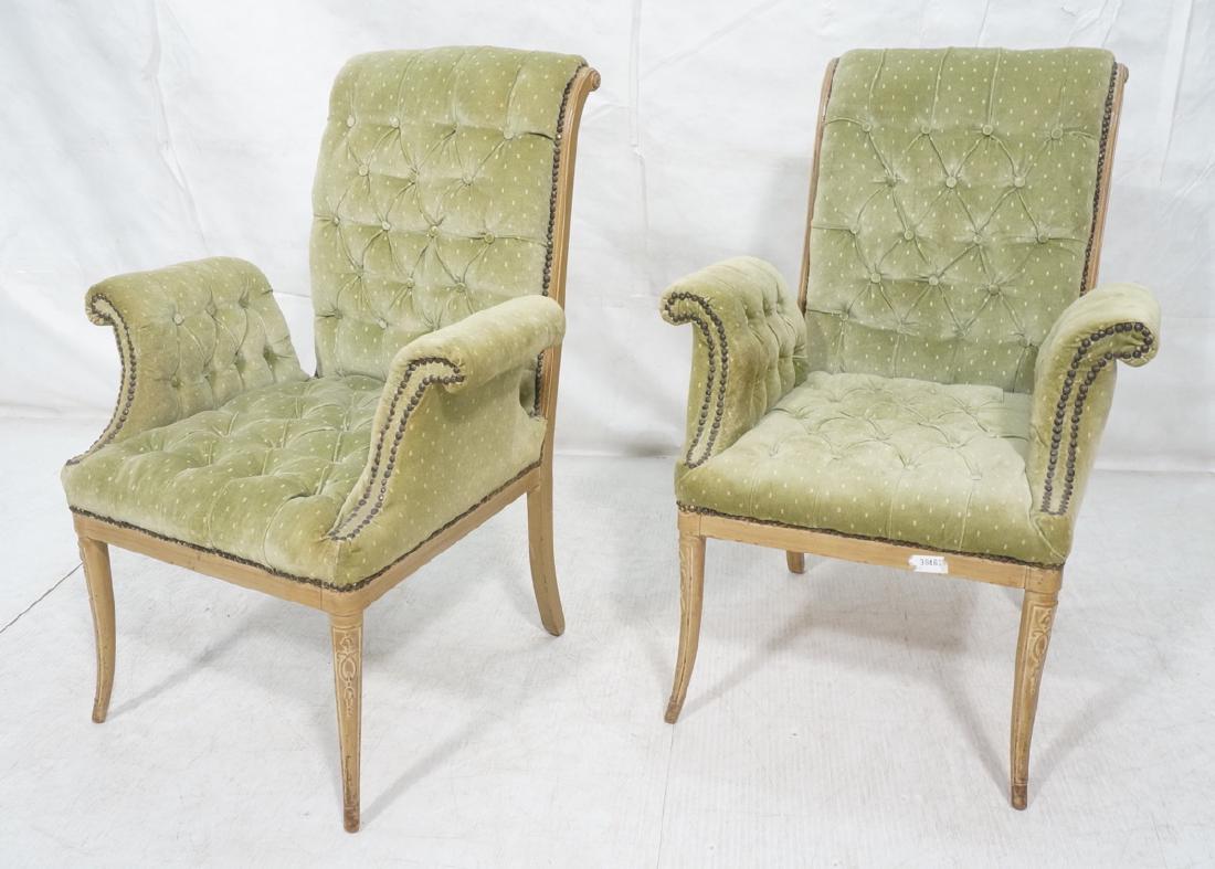 Pr Decorator Tufted Velvet Arm Chairs. Tall backs: Pr Decorator Tufted Velvet Arm Chairs. Tall backs with carved wood sides, rolled upholstered arms with stud trim.-- Dimensions: H: 39 inches: W: 27.25 inches: D: 28.5 inches ---