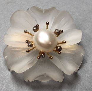 RUSSELL TRUSSO 18K Gold Crystal Diamond World Pin: RUSSELL TRUSSO 18K Gold Crystal Diamond World Pin. Carved frosted crystal flower with large central pearl. Gold stamens with 5 bezel set diamonds. Marked Trusso 18K.-- Dimensions: H: 1.5 inches: W: 1.