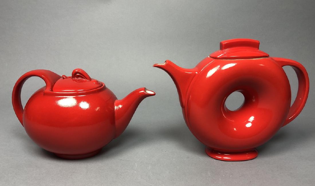 2pc Vintage Red HALL Teapots. 1) Donut form with