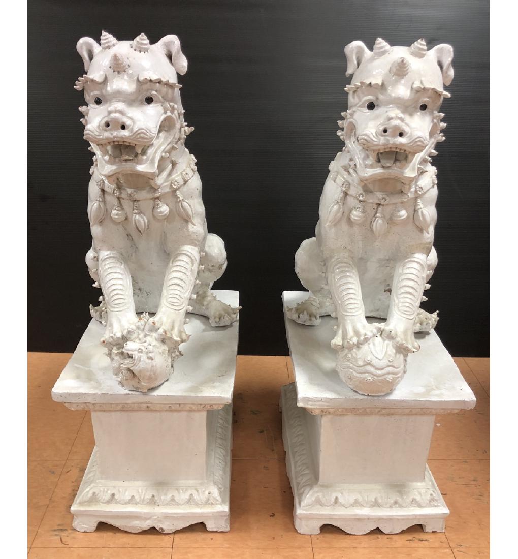 Pair Pottery Chinese Foo Dog Garden Sculptures. (1 of 11)