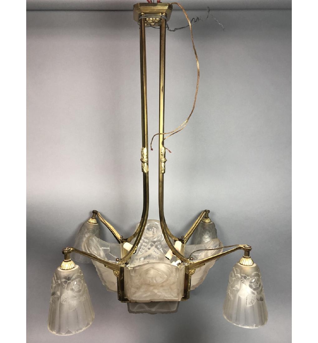 Period Art Deco Frosted Glass Brass Chandelier. C: Period Art Deco Frosted Glass Brass Chandelier. Central element with 4 arms and 5 floral frosted glass shades. -- Dimensions: H: 36 inches: W: 19.5 inches: D: 19.5 inches ---