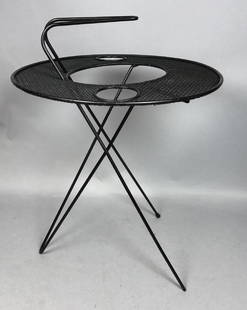 SOL BLOOM Black Metal Modernist Side Table. Hairp: SOL BLOOM Black Metal Modernist Side Table. Hairpin leg supports open mesh top. Attributed.-- Dimensions: H: 21.5 inches: W: 16 inches: D: 16 inches ---