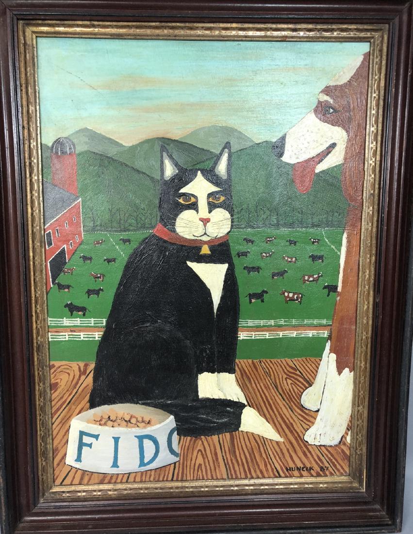 Signed HUNECK Folk Art Cat Dog Painting. Primitiv (1 of 6)