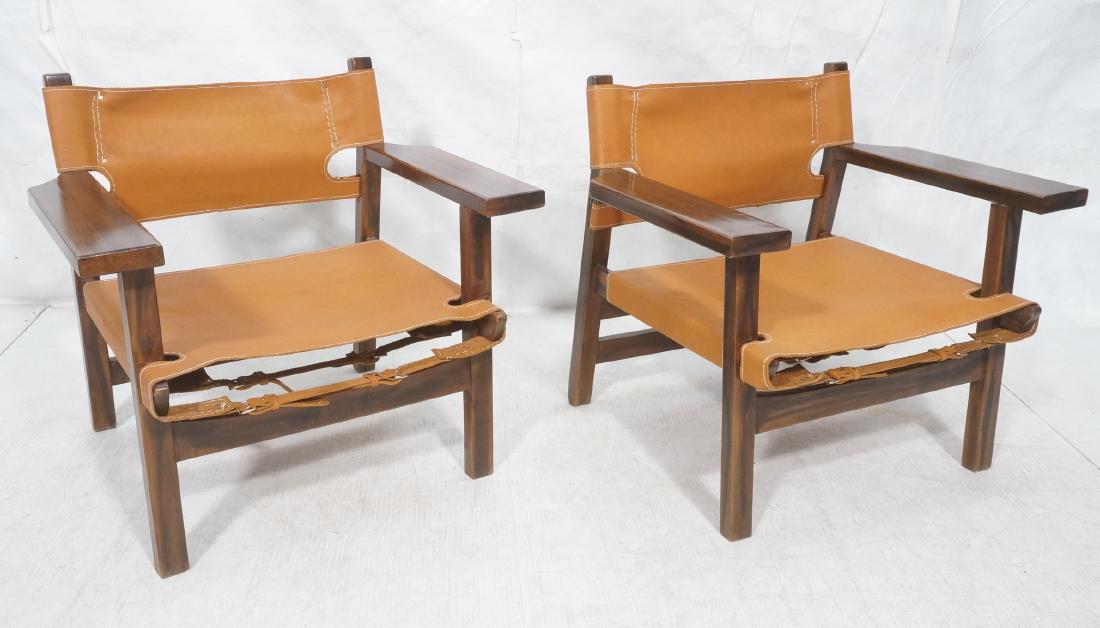 Pr Wood Leather Sling Safari Style Lounge Chairs. (1 of 10)