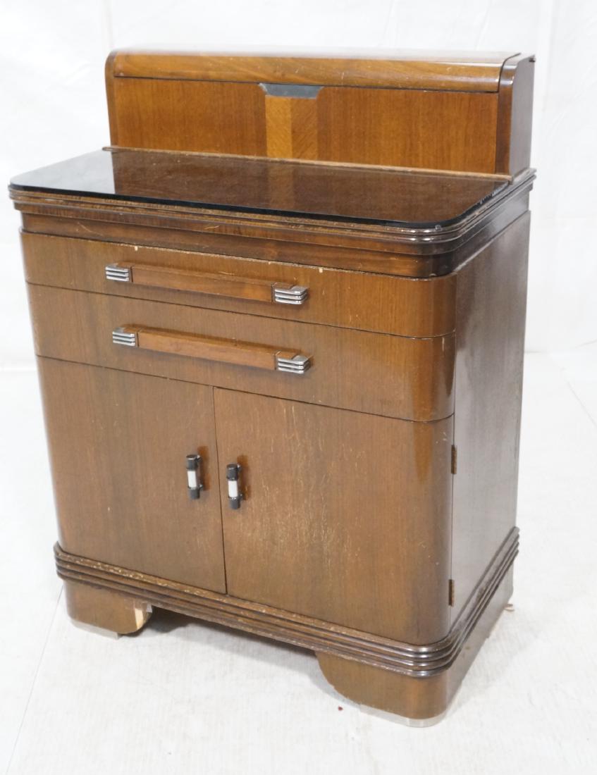 HAMILTON Antique Art Deco Medical Cabinet. Back s: HAMILTON Antique Art Deco Medical Cabinet. Back section with flip up door reveals fitted compartment. Black glass top. Chrome and wood pulls. Marked. -- Dimensions: H: 39 inches: W: 29.5 inches: D: 17
