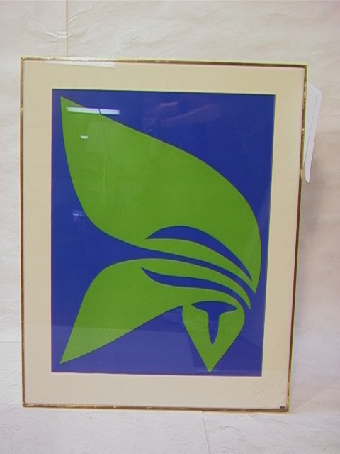 Jack Youngerman Signed Silkscreen Print 1970. Blue: Jack Youngerman Signed Silkscreen Print 1970. Blue and Green. Dimensions: H: 34.5 inches: W: 26 inches Condition: Very slight warping to L/R corner of paper. Image not affected. US Shipping charge: $5