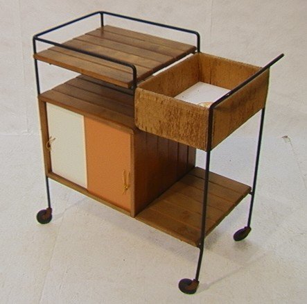 Arthur Umanoff for Raymor Bar Cart with Compartment: Arthur Umanoff for Raymor Bar Cart with Compartment Base. Wood slat and woven form on iron base. Dimensions: H: 36 inches: W: 35 inches: L: 18 inches Condition: Two doors missing leather pulls. One le