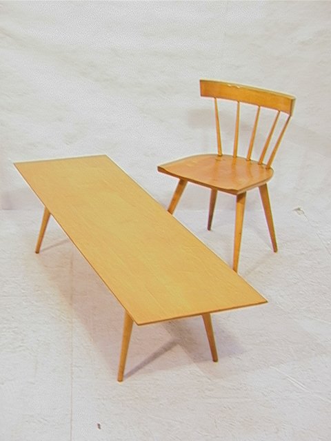 Paul McCobb Winchendon Planner Group Coffee Table: Paul McCobb Winchendon Planner Group Coffee Table and Side Chair. Long slab table and arched back chair. Unmarked. Dimensions: H: 15 inches: W: 60 inches: L: 18 inches Condition: Table Very Good Condi