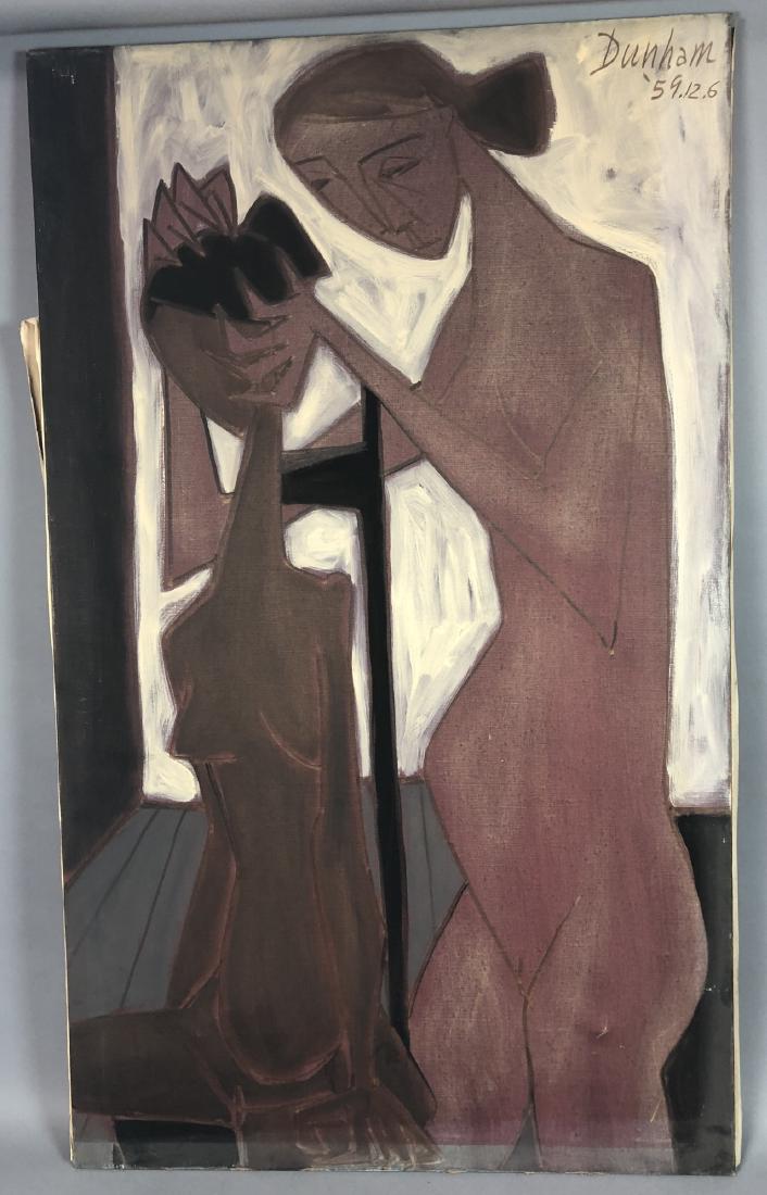 Signed Jacques Dunham Modernist Oil Painting. Por: Signed Jacques Dunham Modernist Oil Painting. Portrait of 2 women. Seated woman being groomed by pregnant woman. Mauve black gray palette. Signed and dated 59.12.6. Jacques Ralph Dunham. He was a man 