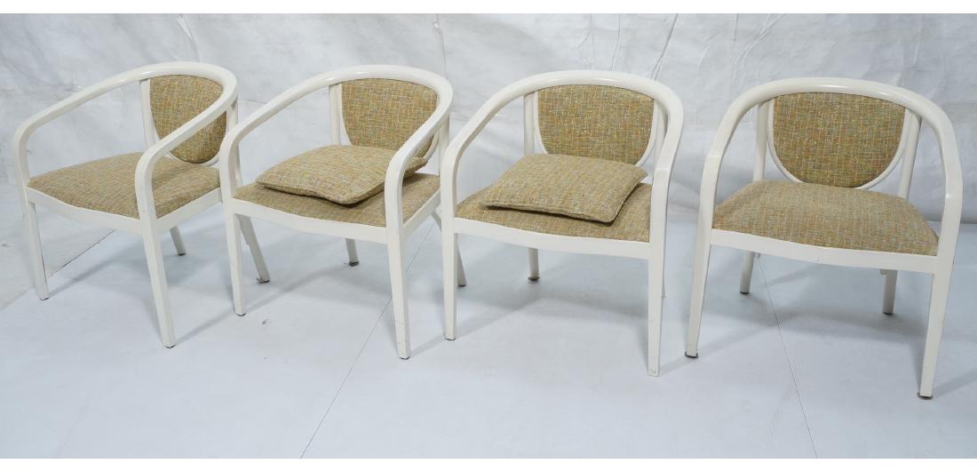 Set 4 POZZI Italian Modern Arm Dining Chairs. Mod: Set 4 POZZI Italian Modern Arm Dining Chairs. Model "Le Sedie". Off white lacquered bowed frame, textured orange pink beige upholstery. Matching toss pillows. Marked.-- Dimensions: H: 28.5 inches: W: