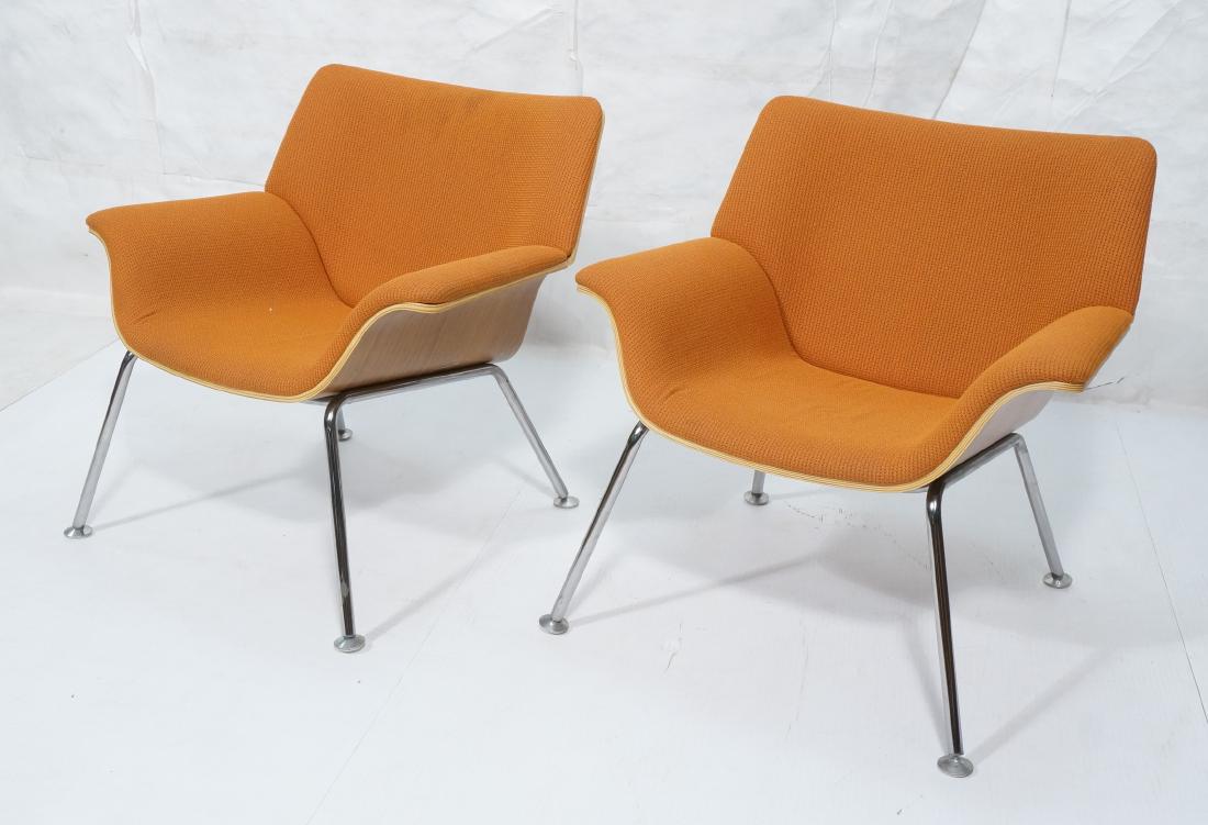 Pr Herman Miller David Kane Lounge Chairs. Moder: Pr Herman Miller David Kane Lounge Chairs. Modernist Orange Rust Lounge Chairs. Walnut laminated frame and back. Thick chrome tube legs and frames. Orange block patterned fabric.-- Dimensions: H: 30 i