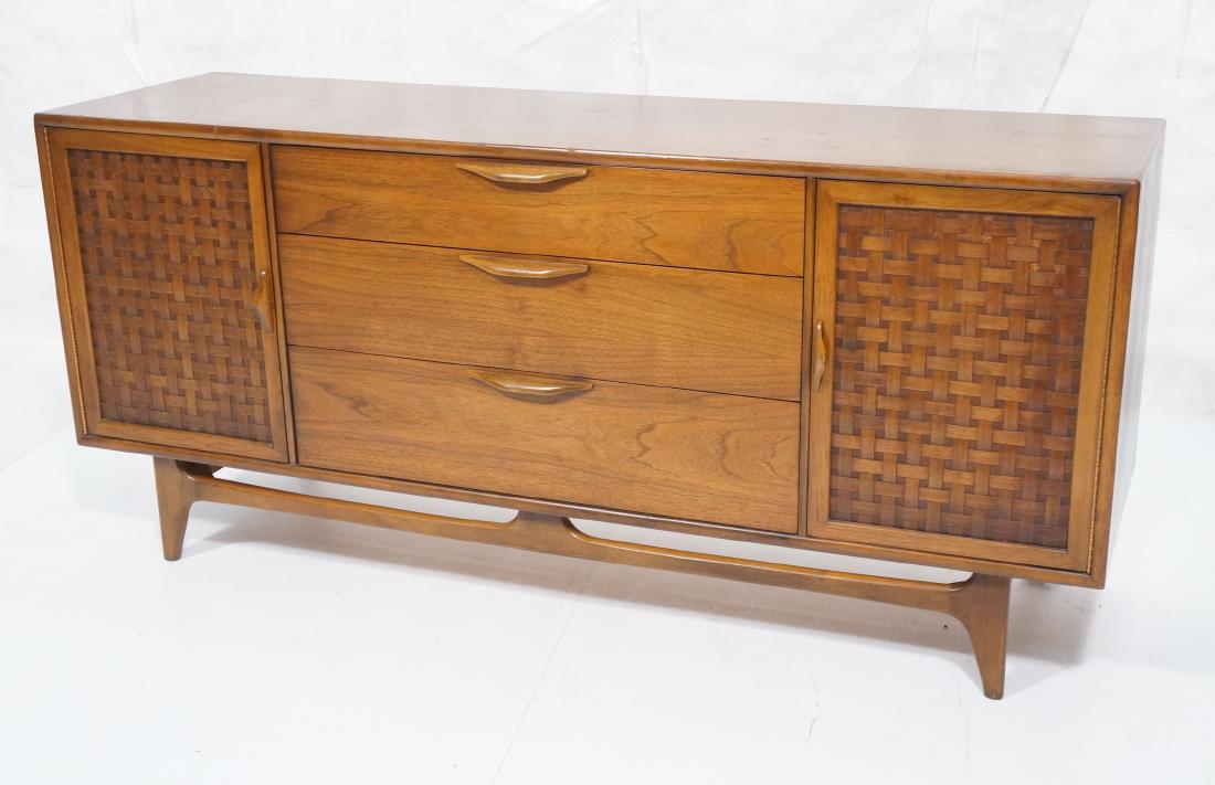 LANE American Modern Credenza. 3 drawers with hor: LANE American Modern Credenza. 3 drawers with horizontal wood pulls and 2 doors with lattice woven front. Raised on legs and stretcher. Marked.-- Dimensions: H: 30.25 inches: W: 66 inches: D: 19.75 in