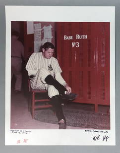 RALPH MORSE Time-Life. Babe Ruth photograph. "Las: RALPH MORSE Time-Life. Babe Ruth photograph. "Last Day as a Yankee". Seated Ruth in Yankees uniform by his locker. Signed Ralph Morse/Time-Life Magazine. Single print, not matted, not framed.-- Dimens