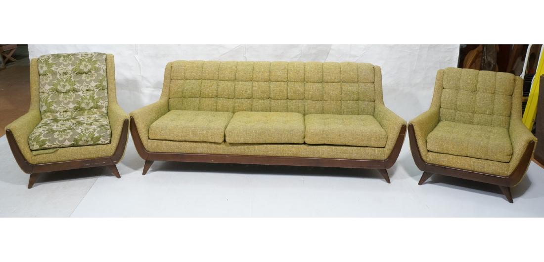 3pc Adrian Pearsall Style Walnut Seating. 2 loung: 3pc Adrian Pearsall Style Walnut Seating. 2 lounge chairs and sofa couch. Decorative walnut frames, tapered legs, green upholstery.-- Dimensions: H: 31 inches: W: 85.5 inches: D: 35 inches ---