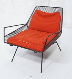 Modernist Black Metal Patio Outdoor Lounge Chair.: Modernist Black Metal Patio Outdoor Lounge Chair. Sol Bloom Style. Stylish metal frame. Open diamond mesh. Red seat Cushions.-- Dimensions: H: 28 inches: W: 26.5 inches: D: 31.5 inches ---