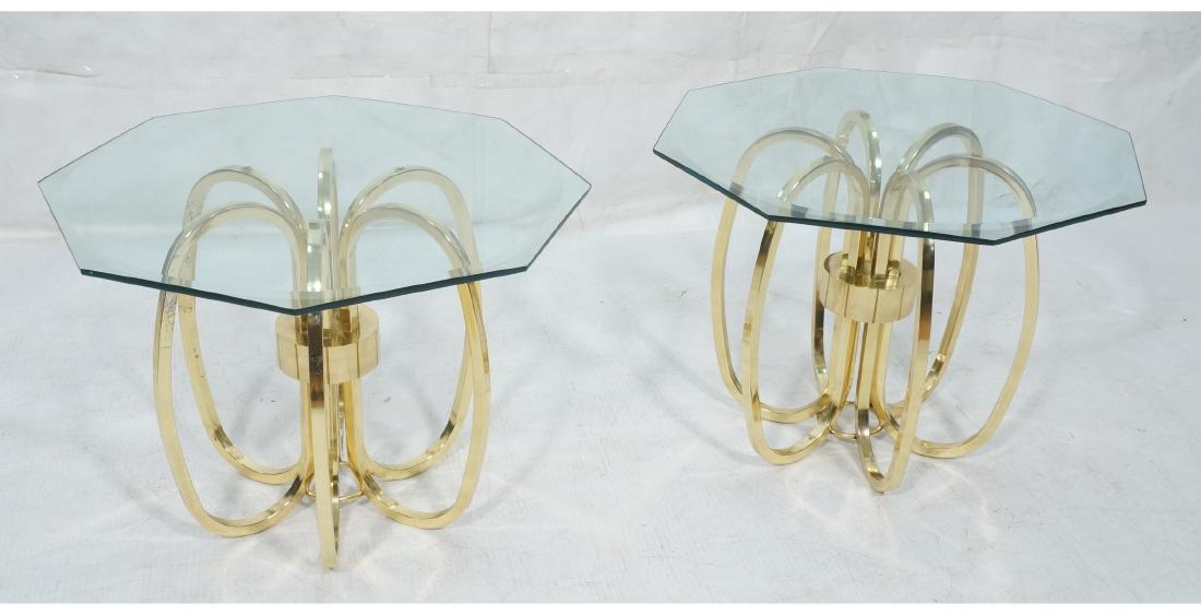 Pr Gold Tone Modernist Glass Top Side End Tables. (1 of 10)