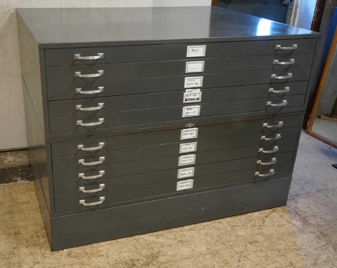 Large COLE-STEEL Industrial Map Cabinet. Dark gra: Large COLE-STEEL Industrial Map Cabinet. Dark gray enamel finish. 2 stacking 5 drawer cabinets on 8" platform base. Silver aluminum pulls. Marked. Maps, art, paper storage cabinet. -- Dimensions: H: 3