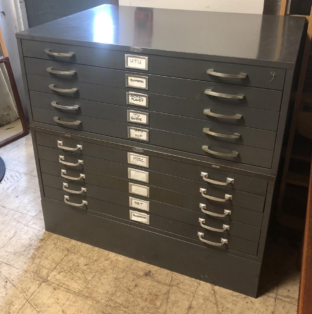 COLE-STEEL Industrial Map Cabinet. Dark gray enam: COLE-STEEL Industrial Map Cabinet. Dark gray enamel finish. 2 stacking 5 drawer cabinets on 8" platform base. Marked. Maps, art, paper storage cabinet. -- Dimensions: H: 39 inches: W: 40.5 inches: D: