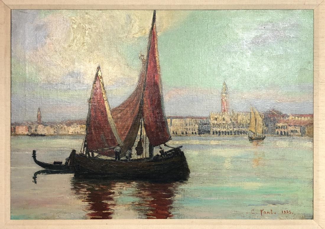 C. FONTI 1923 Venetian Canal Scene Oil Painting. (1 of 8)