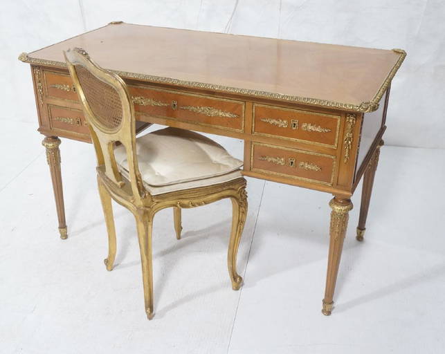 Vintage French Style Desk & Chair. Gilt Bronze Or
