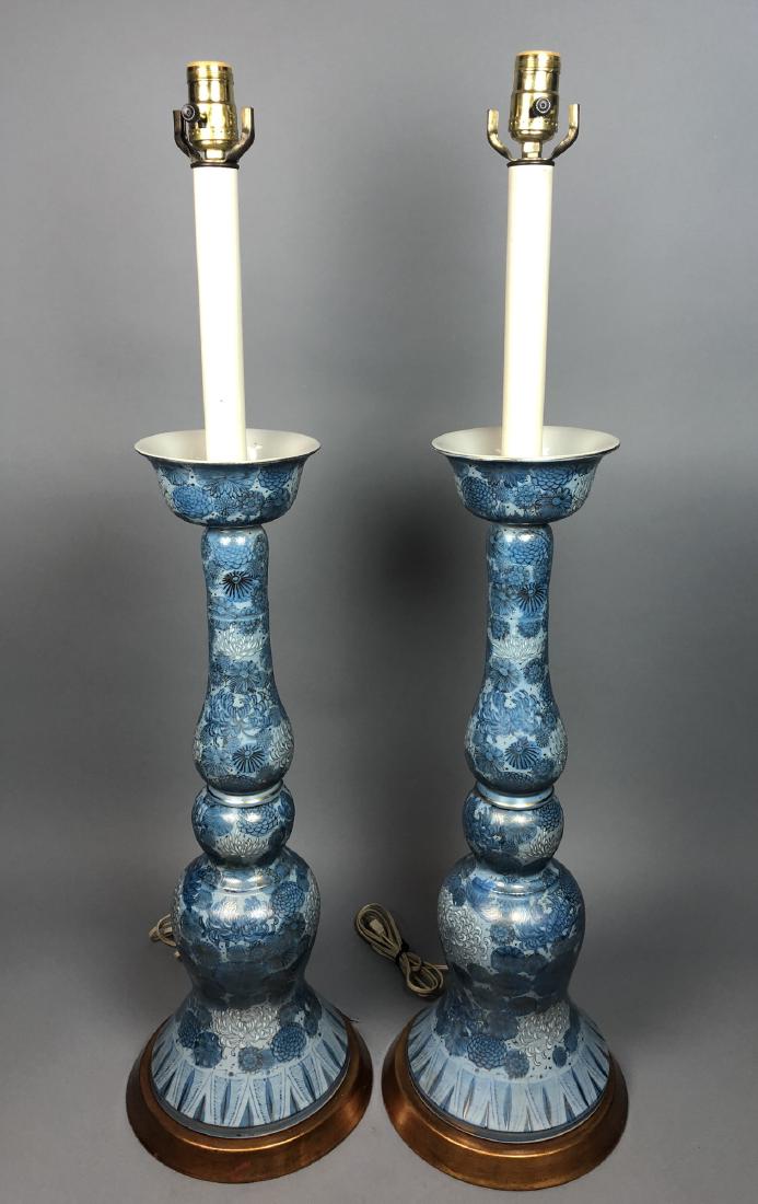 Pr Tall Blue Porcelain Table Lamps. Blue glaze wi (1 of 8)