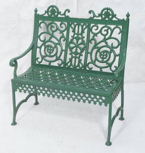 JOHN MCLEAN Vintage Iron Garden Bench. Heavy cast: JOHN MCLEAN Vintage Iron Garden Bench. Heavy cast iron form painted green. Patio. Outdoor. Marked John McLean Maker NY. -- Dimensions: H: 35.75 inches: W: 35 inches: D: 17 inches ---