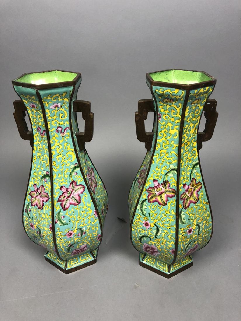 Pr Hexagonal Green Enamel Asian Vases. Floral des (1 of 9)
