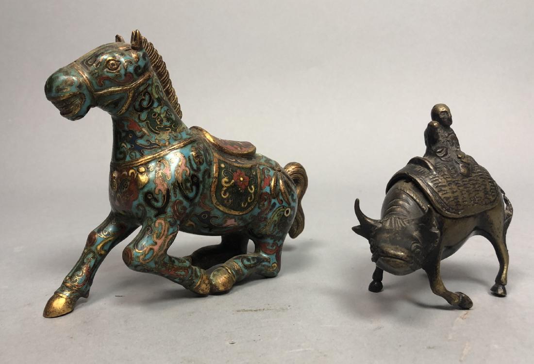 2pc Antique Asian Metal Figural Lot. Cloisonne en (1 of 9)