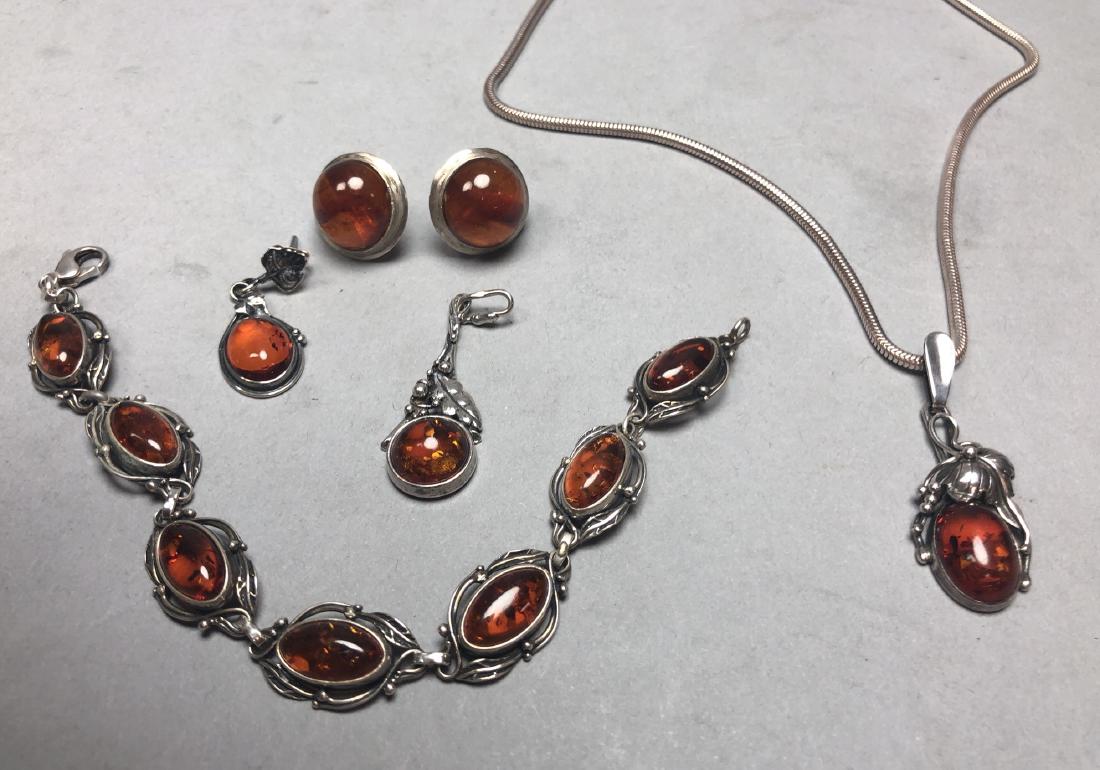 6pc Silver Amber Jewelry Lot. Bracelet, pendant n (1 of 6)