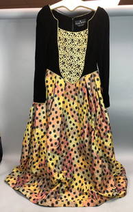 PILAR ROSSI COUTURE Evening Formal Gown. Black Ve: PILAR ROSSI COUTURE Evening Formal Gown. Black Velvet bodice with applied gold scroll detail. Muted multi color full skirt with black dots and crinoline slip. Not sized; Approx size 12 or 14. -- Dimen