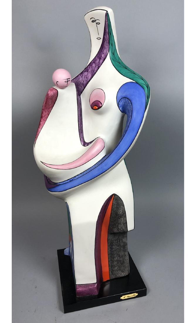 G GUSELLA Modernist Figural Mom & Child Sculptur: G GUSELLA Modernist Figural Mom & Child Sculpture. Hand painted abstract pottery form. Signature on reverse. G. Gusella brass plaque.-- Dimensions: H: 28 inches: W: 12 inches: D: 8.75 inches ---