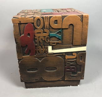 SHELDON ROSE Cube Table "Alphasculpt". Modernist: SHELDON ROSE Cube Table "Alphasculpt". Modernist take on letter print blocks. Brown, red, turquoise paint finish. Marked and dated 1968.-- Dimensions: H: 14 inches: W: 12.25 inches: D: 12.25 inches --