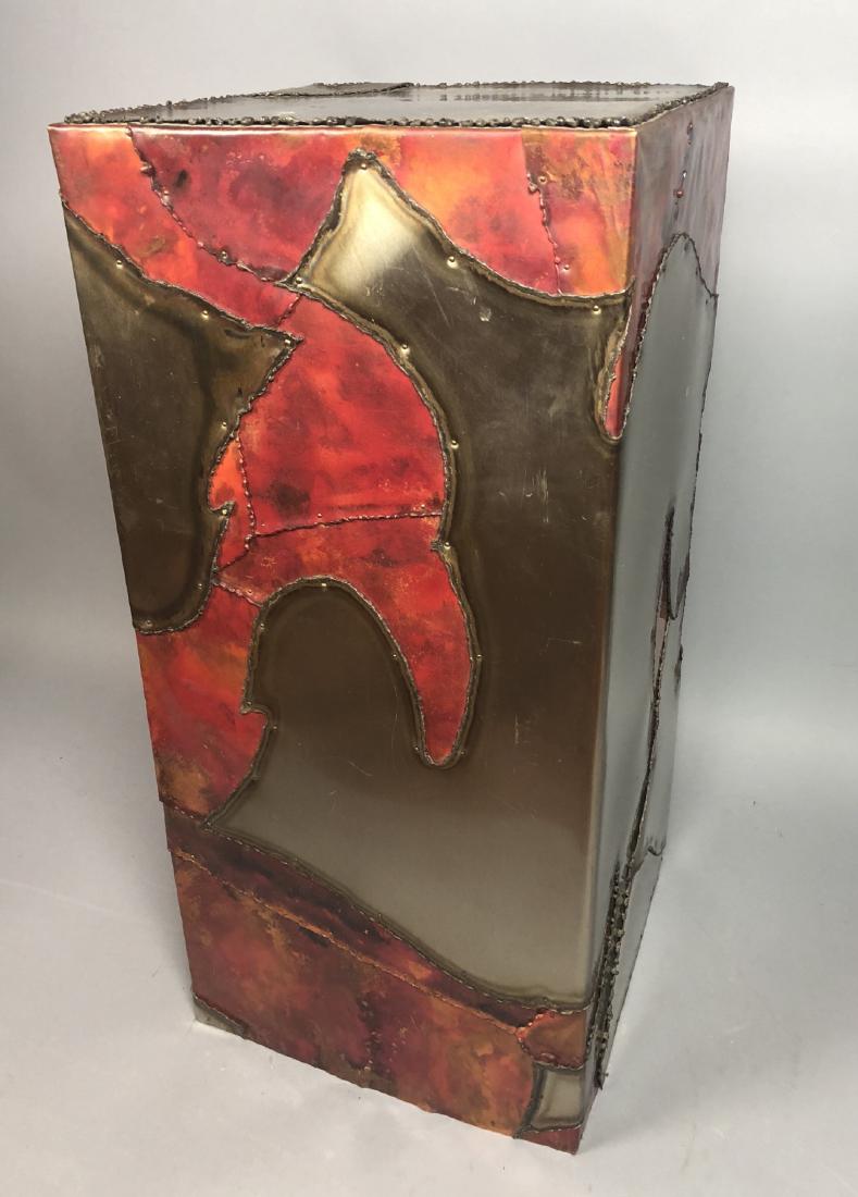 Brutalist Welded Metal Sculptural Display Stand.: Brutalist Welded Metal Sculptural Display Stand. Silas Seandel style Torch edged brass elements applied to red finished metal column.-- Dimensions: H: 25 inches: W: 12 inches: D: 12 inches ---