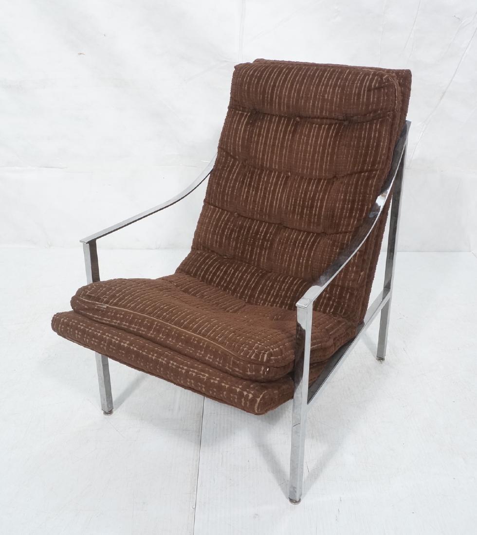 Modernist Chrome Frame Lounge Chair. Square tube: Modernist Chrome Frame Lounge Chair. Square tube frame with sloped arms. Textured brown upholstery tufted cushions. -- Dimensions: H: 36.5 inches: W: 24 inches: D: 37 inches ---