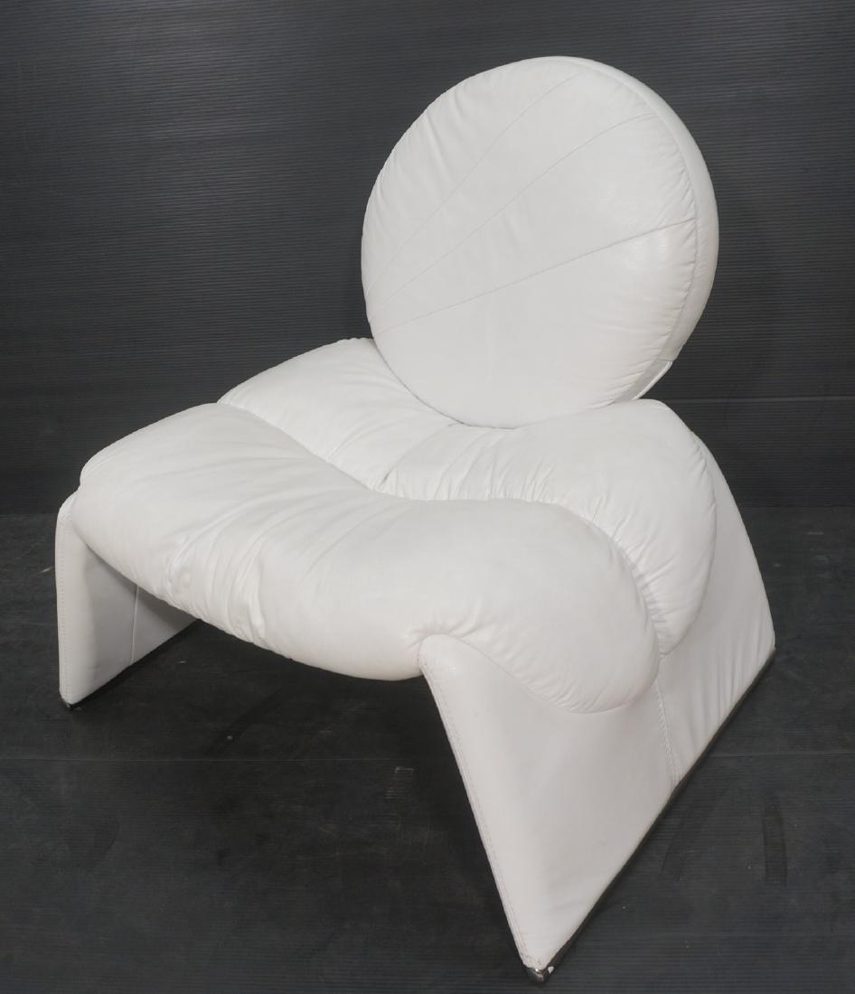 Modernist White Leather Slouchy Lounge Chair. Sap: Modernist White Leather Slouchy Lounge Chair. Saporiti style. Handkerchief form. Chrome tube bases.-- Dimensions: H: 31.5 inches: W: 32.5 inches: D: 30.5 inches ---