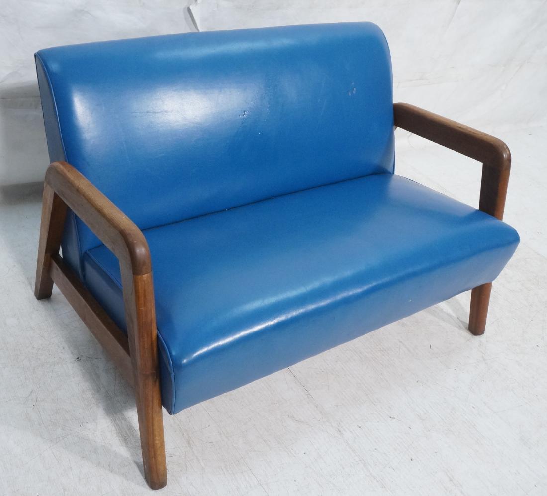 Mid Century Modern Blue Vinyl Loveseat Open Wood (1 of 7)